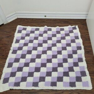 Handmade Tunisian Crochet Checker Afghan Throw Blanket Lavender Gray White Gift